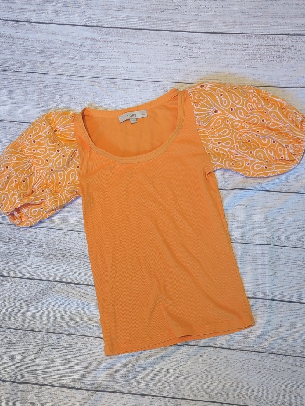 LOFT Orange Puff-Sleeve Square Neck Top